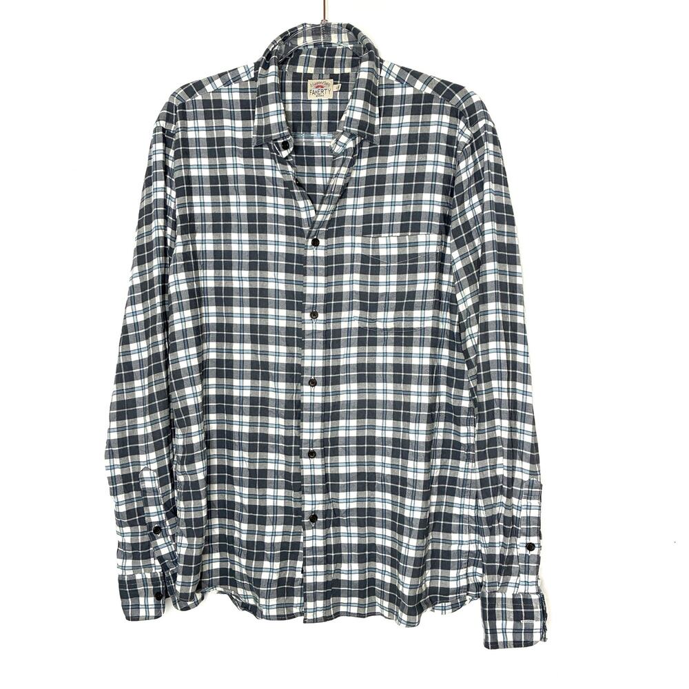 Faherty Gray Blue Plaid Casual Button Up Shirt Supima Cotton Blend Mens Large